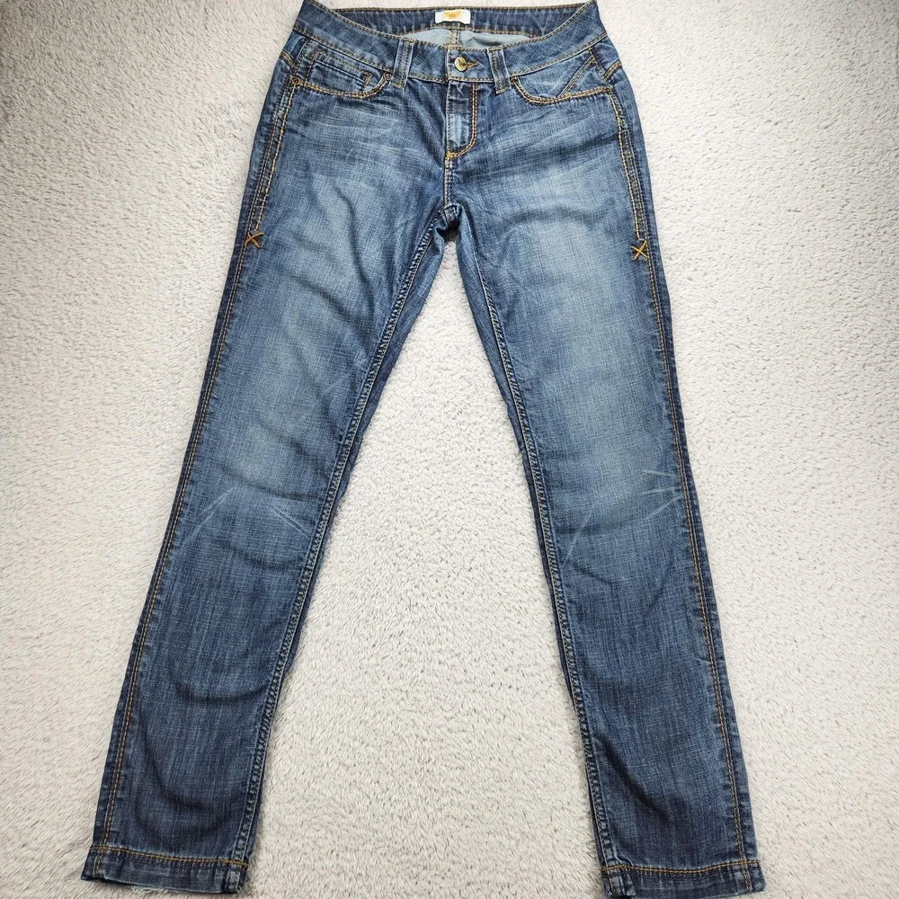 Antik Denim Jeans Womens 29 Medium Wash Low Rise Skinny Stretch Blue Embroidered
